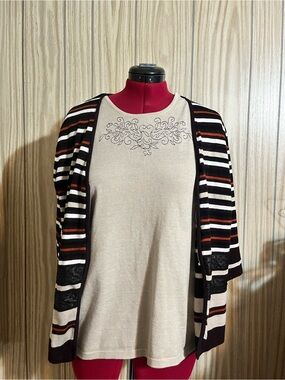 Emotions Cream Embroidered Top with Black Striped Cardigan XL
